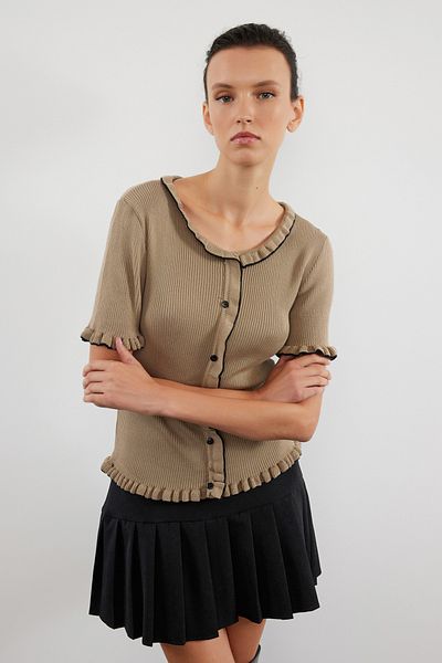 Trendyol Collection Knitwear Cardigan - Mink Color, Ruffle Detailed, Twoaw25Hi00203