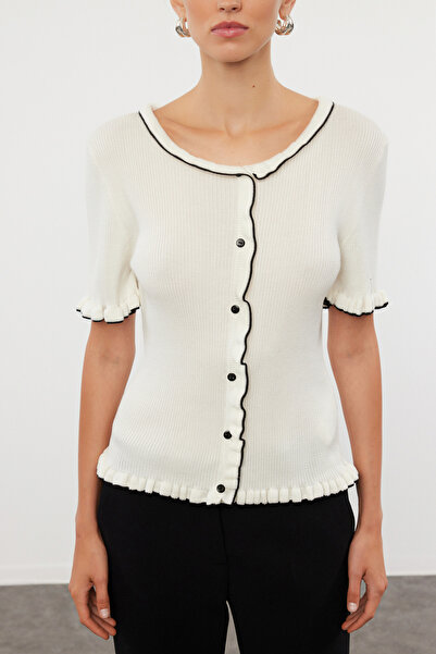 Trendyol Collection Knitwear Cardigan - Ecru, Ruffle Detailed, Twoaw25Hi00203