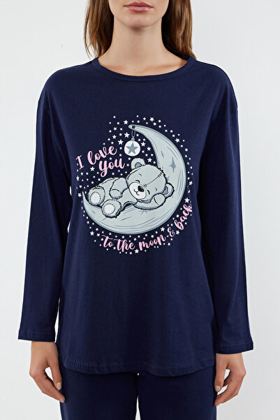 Trendyol Collection Sötétkék 100% pamut mackó és Galaxy Print kötött pizsama szett THMAW25PT00001