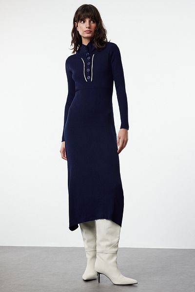 Trendyol Collection Sötétkék Midi csíkos kötött ruha - Piping részlet TWOAW25EL00007