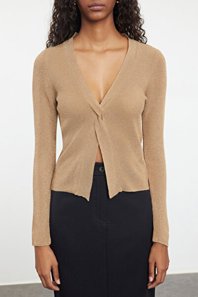 Trendyol Collection Блестящ камилски трикотажен пуловер - цепка с детайли TWOAW24KZ00660