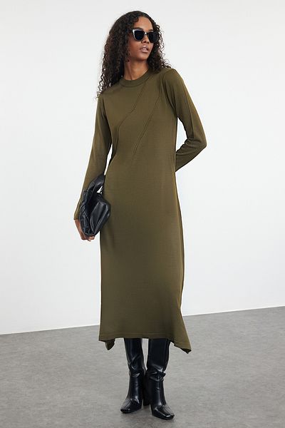 Trendyol Modest Πλεκτό Φόρεμα - Χρώμα Χακί, Λεπτομέρεια με ραβδώσεις, TCTAW25EB00051