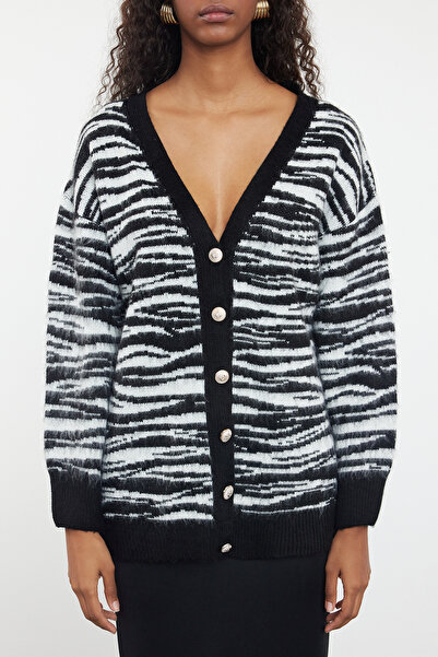 Trendyol Collection Zebra Patterned Black Knitwear Cardigan - Soft Textured Twoaw25Hi00239