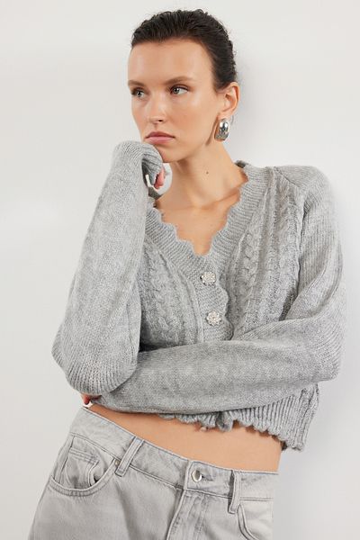 Trendyol Collection Soft Textured Gray Crop Knitwear Cardigan - Twoaw25Hi00277