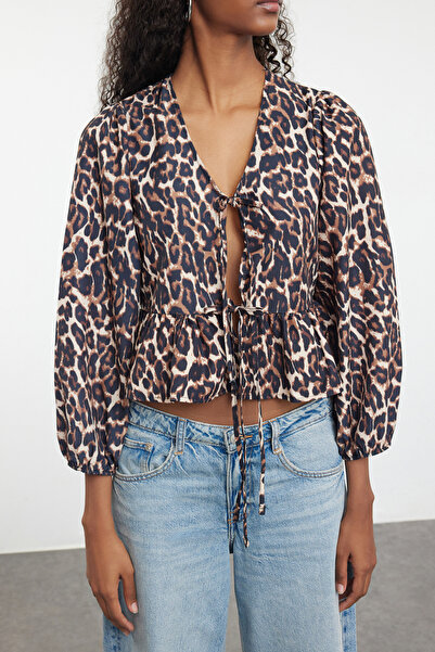 Trendyol Collection Többszínű állati leopárdmintás kötés, részletes, normál, szabású szőtt ing TWOAW25GO00087