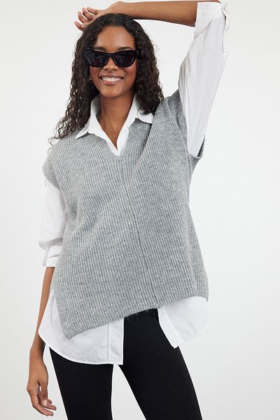 Trendyol Collection Gray V-Neck Slit Soft Knitwear Sweater - Twoaw25Sv00010