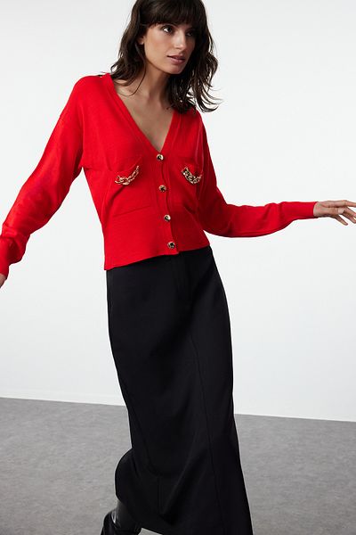 Trendyol Collection Knitwear Red Cardigan - Accessory Detailed, TWOAW25HI00015