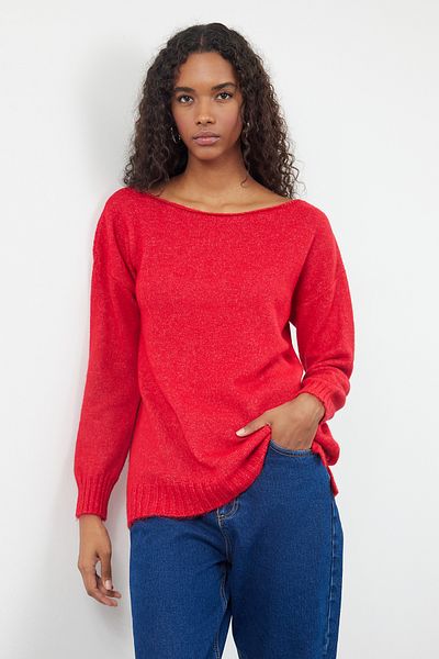 Trendyol Collection Roter Basic-Strickpullover aus Wolle mit U-Boot-Ausschnitt TWOAW25KZ00010