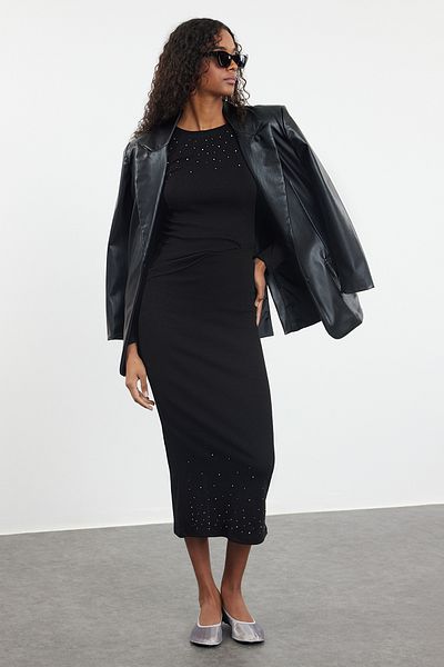 Trendyol Collection Slim Fit Black Stone Detailed Midi Blouse and Skirt Set - TWOAW25AU00079