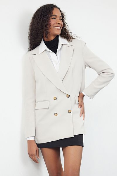 Trendyol Collection Oversize světle šedá bunda s knoflíky – podšitá, tkaná, TWOAW22CE0167