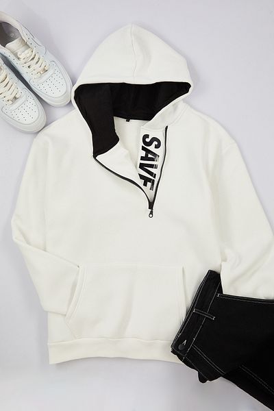 Trendyol Collection Oversize Ecru Fleecová mikina s kapucí - zip uvnitř Text tištěný Tmnaw25Sw00074