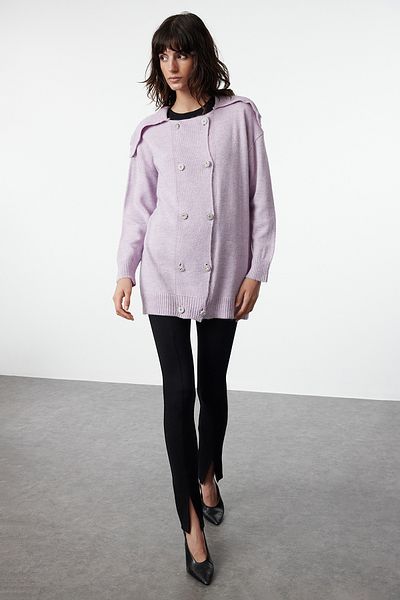 Trendyol Modest Liliowy sweterkowy kardigan z miękką fakturą i detalami z kryształków - TCTAW25TH00011