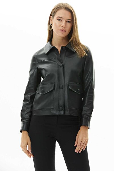 Selen Dıştan Cep Dikişli Deri Ceket - SİYAH