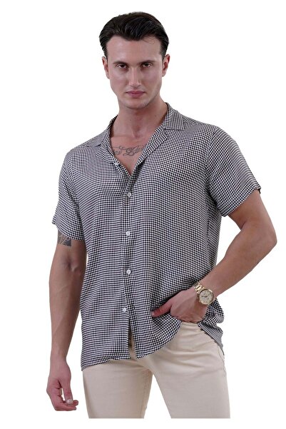 Exve Exclusive Черно-бяла лятна риза с хавайско каре от вискоза - свободна кройка