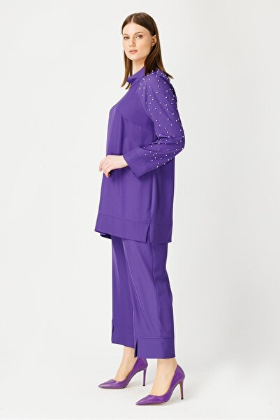 MÜSEMMA Büyük Beden Kol İnci Detaylı Pantolon Takım - MOR