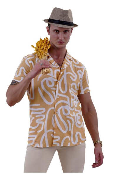 Exve Exclusive Yellow and White Abstract Pattern - Hawaiian Cut Short Sleeve Summer Shirt