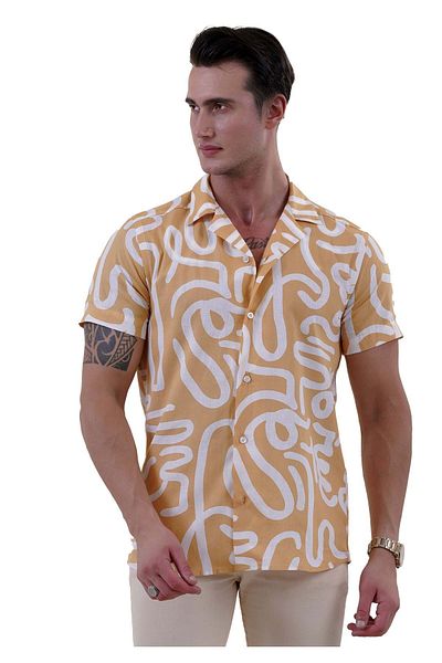 Exve Exclusive Yellow and White Abstract Pattern - Hawaiian Cut Short Sleeve Summer Shirt