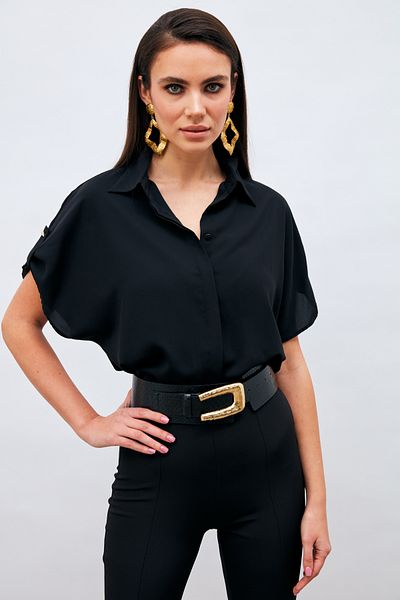 Sateen Casual Shirt with Sleeve Detail - Black