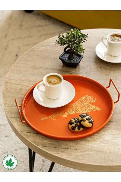 linmetal 24 cm Kulplu Metal Tepsi Yuvarlak Çay Tepsisi Sunum Tepsisi Metal Ku...