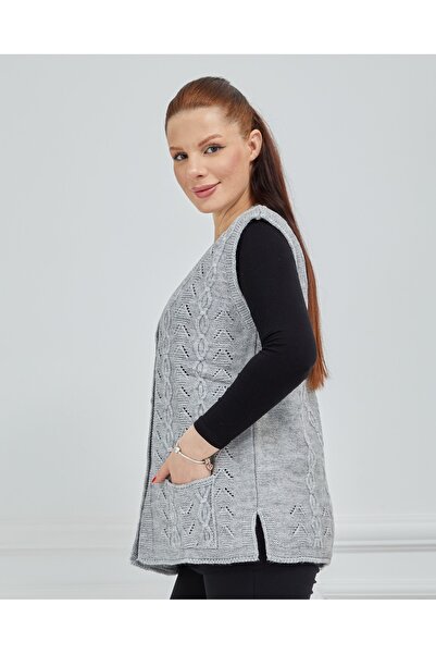 Stilmony Women's Gray Chain Knitted Pocket V-Neck Wool Mother Knitwear Vest