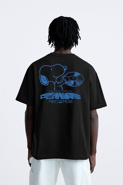 The Champ Clothing Ανδρικό μπλουζάκι Peanuts Records Printed - Crew Neck Black Oversize