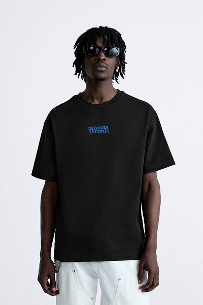 The Champ Clothing Ανδρικό μπλουζάκι Peanuts Records Printed - Crew Neck Black Oversize