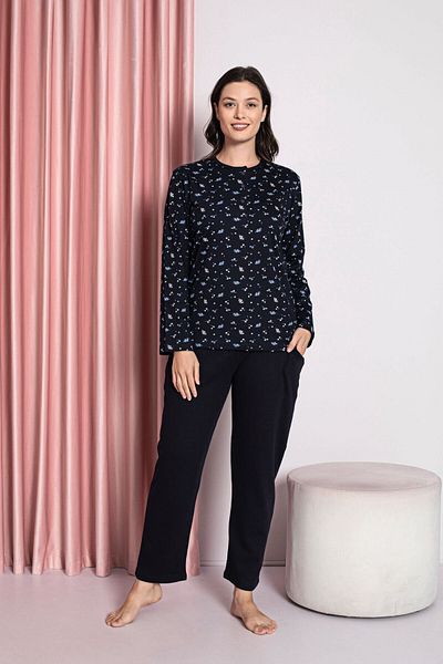 AHENGİM Interlock Cotton Pajama Set for Mother - 3 Buttons, Crispy Pattern, Seasonal