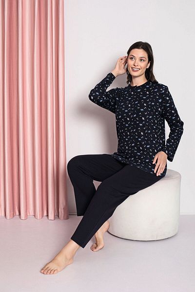 AHENGİM Interlock Cotton Pajama Set for Mother - 3 Buttons, Crispy Pattern, Seasonal