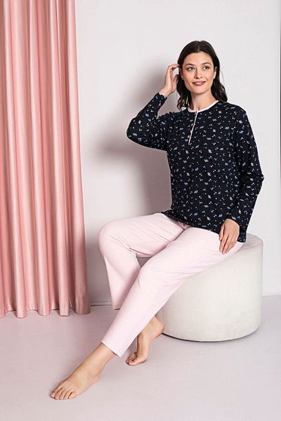AHENGİM Interlock Cotton Pajama Set for Mother - 3 Buttons, Crispy Pattern, Seasonal