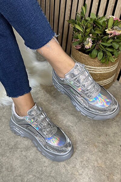 Allyup Stříbrné hologramové vysoké pohodlné dámské tenisky - šněrovací 001