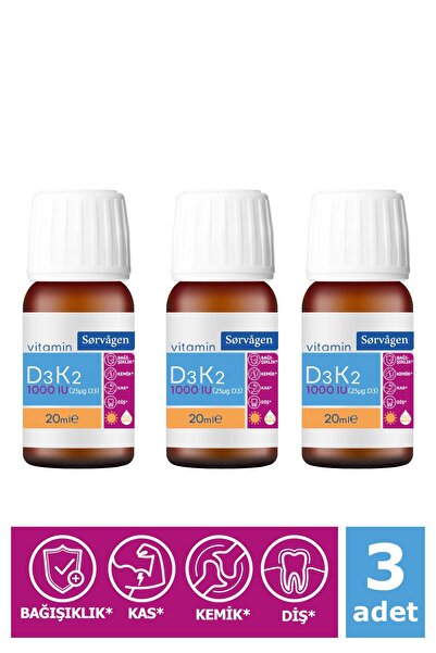 Sorvagen Vitamin D3k2 Damla 20 ml (1000 IU)-(ALMANYA MENŞEİLİ D3 VİTAMİNİ) 3 Adet