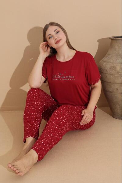 Temporium Plus Size Curve Patterned Milan Fabric Short Sleeve 1st Quality Bamboo Pajamas Set