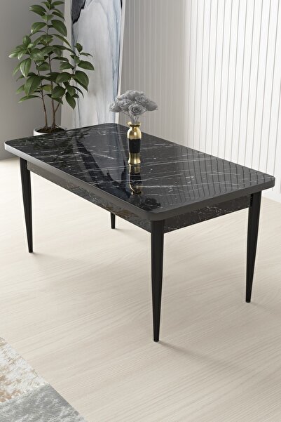 Canisa Nil Serisi Siyah Mermer Desen 70x110 Sabit Yemek Masası Metal Ayak