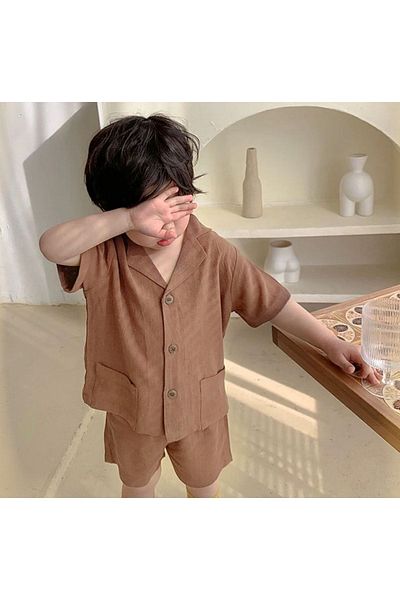 barin kids Fiúk és lányok uniszex nyári 100% pamut vászon ing rövidnadrág szett