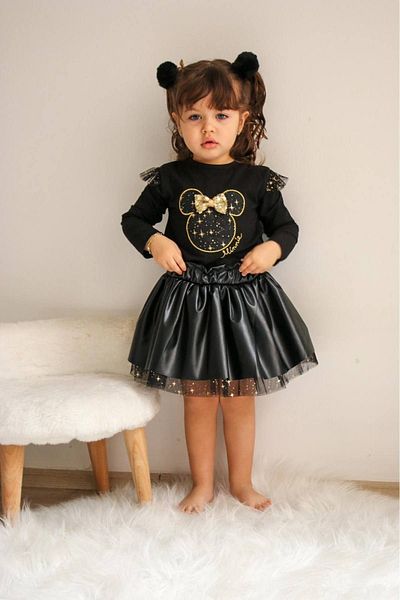 Cengo Girl's Tulle Detailed Leather Skirt Set (Mause)