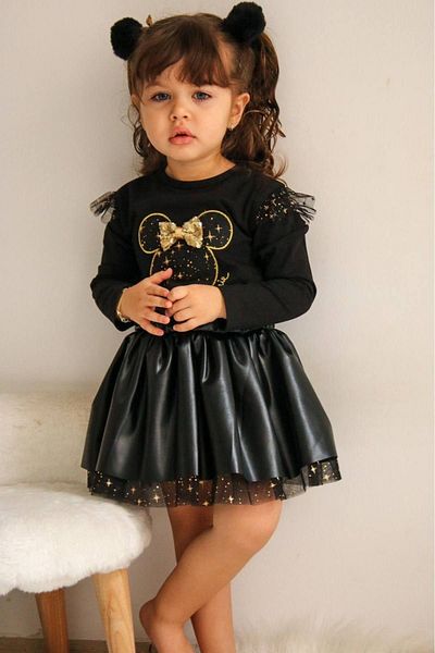 Cengo Girl's Tulle Detailed Leather Skirt Set (Mause)