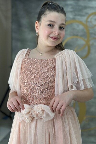 ABİYEKİDS Pudra Pulpayetli Tüllü Garsonboy Kız Çocuk Abiye 10/14 Yaş arası ABY154