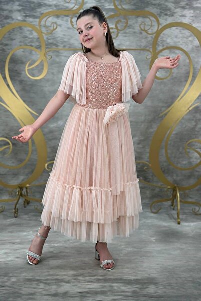 ABİYEKİDS Pudra Pulpayetli Tüllü Garsonboy Kız Çocuk Abiye 10/14 Yaş arası ABY154