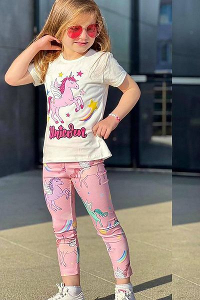 uz shop طقم تي شيرت صيفي للفتيات باللون الوردي بتصميم وحيد القرن