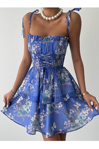 bayansepeti Rochie mini albastră - model floral, țesătură de tul, croială evazată, detaliu corsaj, bretele legate 273