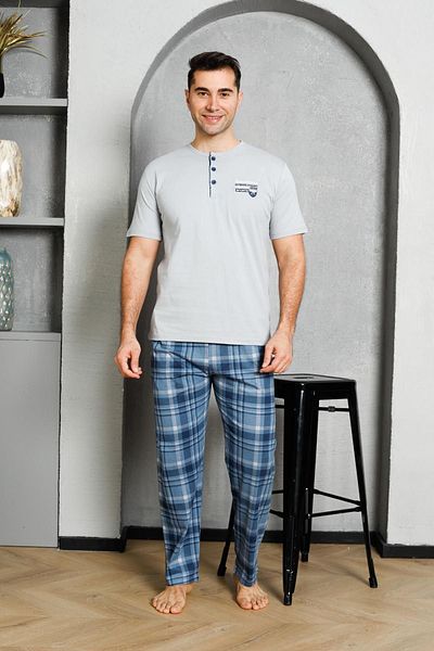 Ahengim Man Men's Pajama Set - Single Jersey Cotton, Short Sleeve, Plaid, Buttoned