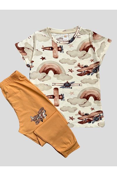elmas kids Boy's 100% Cotton Airplane Patterned Short Sleeve Summer Pajamas Set