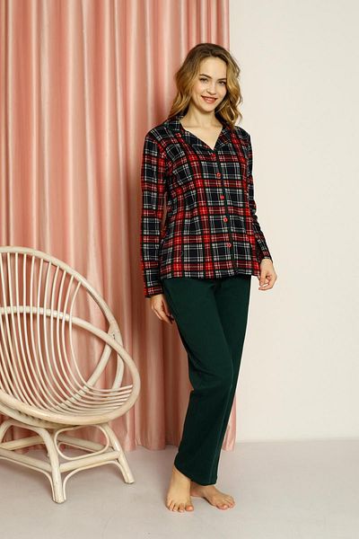 AHENGİM Plaid Patterned Women's Pajama Set - Buttoned from the Neck, Cotton, Seasonal