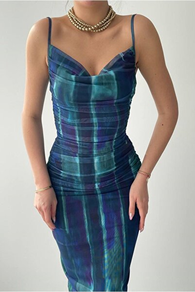 bayansepeti Square Collar and Adjustable Straps Tie-Dye Patterned Midi Pencil Dress - Tulle 272