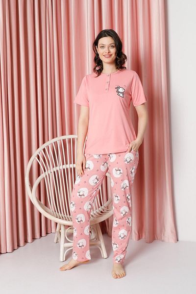 AHENGİM Rabbit Patterned Cotton Single Jersey Women's Pajama Set - Short Sleeve