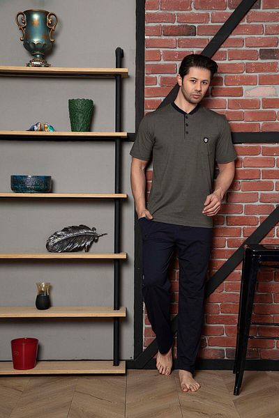 Ahengim Man Men's Single Jersey Chief Collar and Top Patterned Short Sleeve Pajama Set