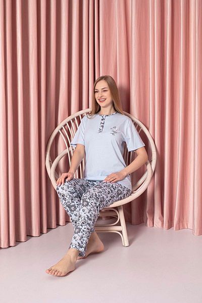 AHENGİM Single Jersey Short Sleeve Cotton Women's Pajama Set - Big Rose Pattern