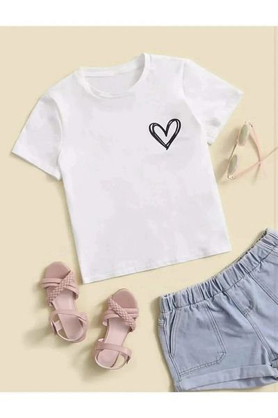 Pink Sky White Minimal Heart Patterned T-shirt - Mother and Child