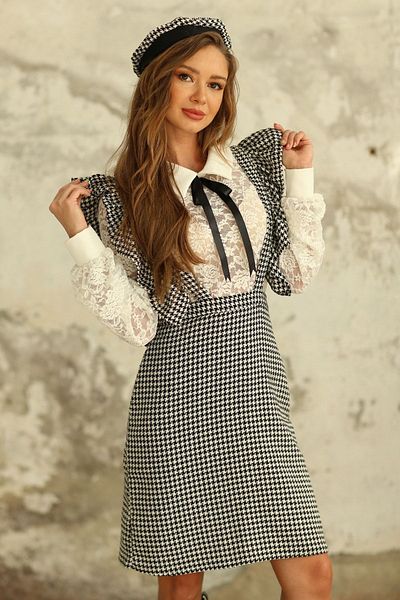 KÜÇÜĞÜM BUTİK Combinație de 2 piese fustă și pălărie neagră Houndstooth Salopet (SALOPET SKIRT-HAT)