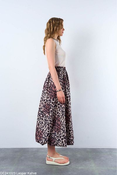 Zey Studio Camel Leopard Patterned High Waist Maxi Balloon Women's Skirt